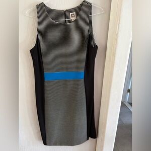 Anne Klein Black & White Striped Midi Dress with Blue Waistband